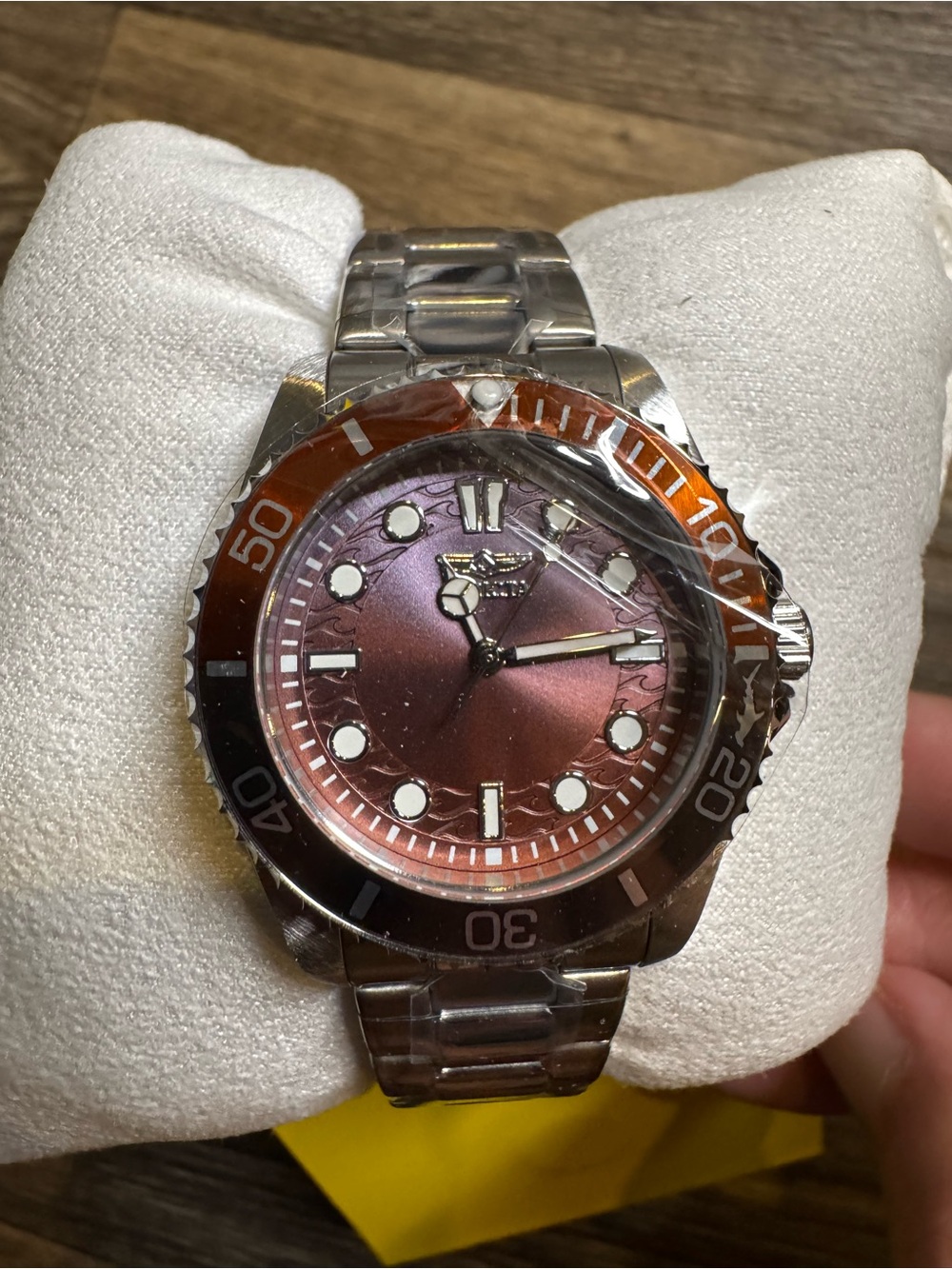 Invicta Silver Stainless Steel Watch with Purple Dial and Brown/ Gray Bezel 34mm